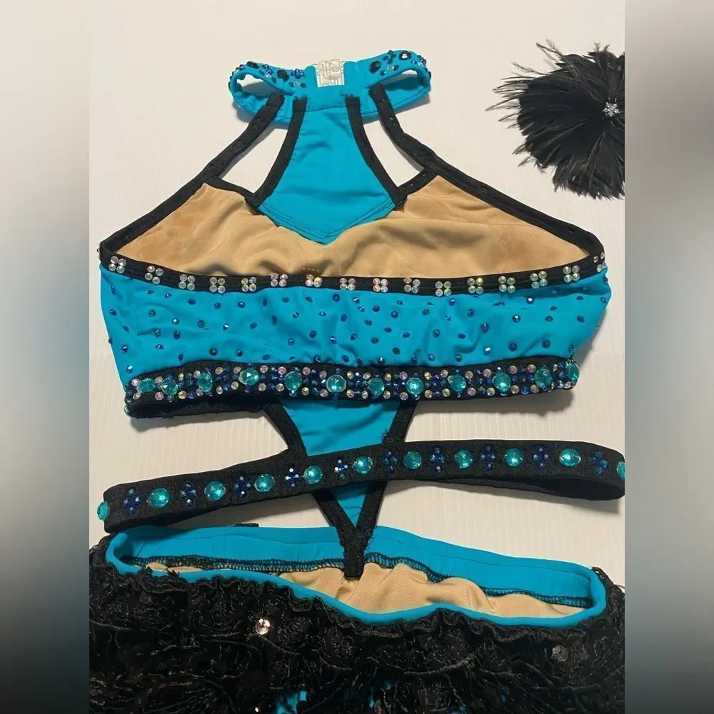 Rare Glamour competition solo dance costume teal fringe sassy jazz SA adult